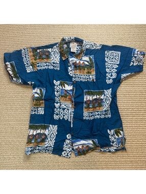 Luau Women’s Hawaiian Shirt Large Blue Hula Dancer Aloha Palm Tree